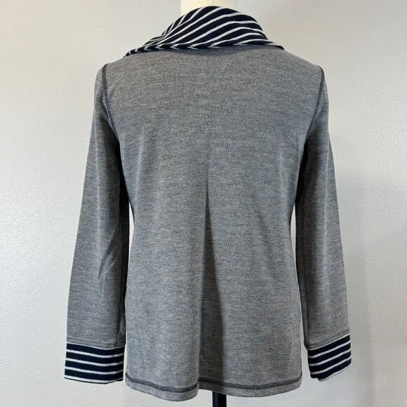 Weekend by Chico's Striped Collar Top Sz 0 (S/M) Cowl Neck Gray Blue Long Sleeve - Picture 2 of 16
